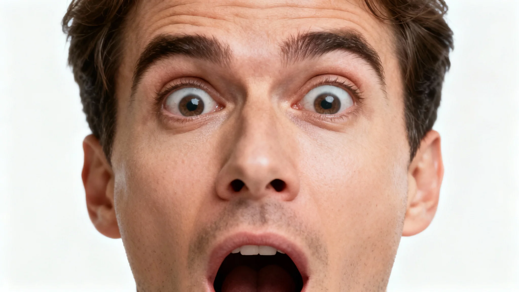 A hyper-realistic studio photo of a man's face with a comically exaggerated expression of shock, representing a classic reaction image, set against a plain white background.