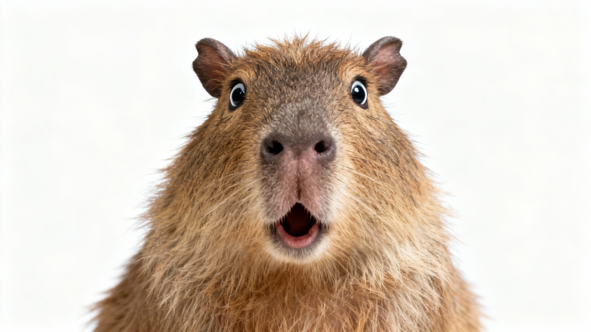 A close-up, photorealistic image of a capybara with a shocked and surprised expression, set against a plain white background.