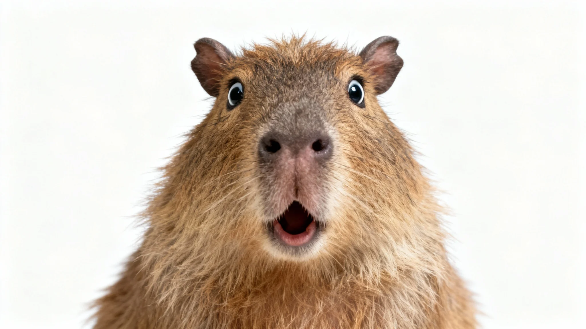 A close-up, photorealistic image of a capybara with a shocked and surprised expression, set against a plain white background.