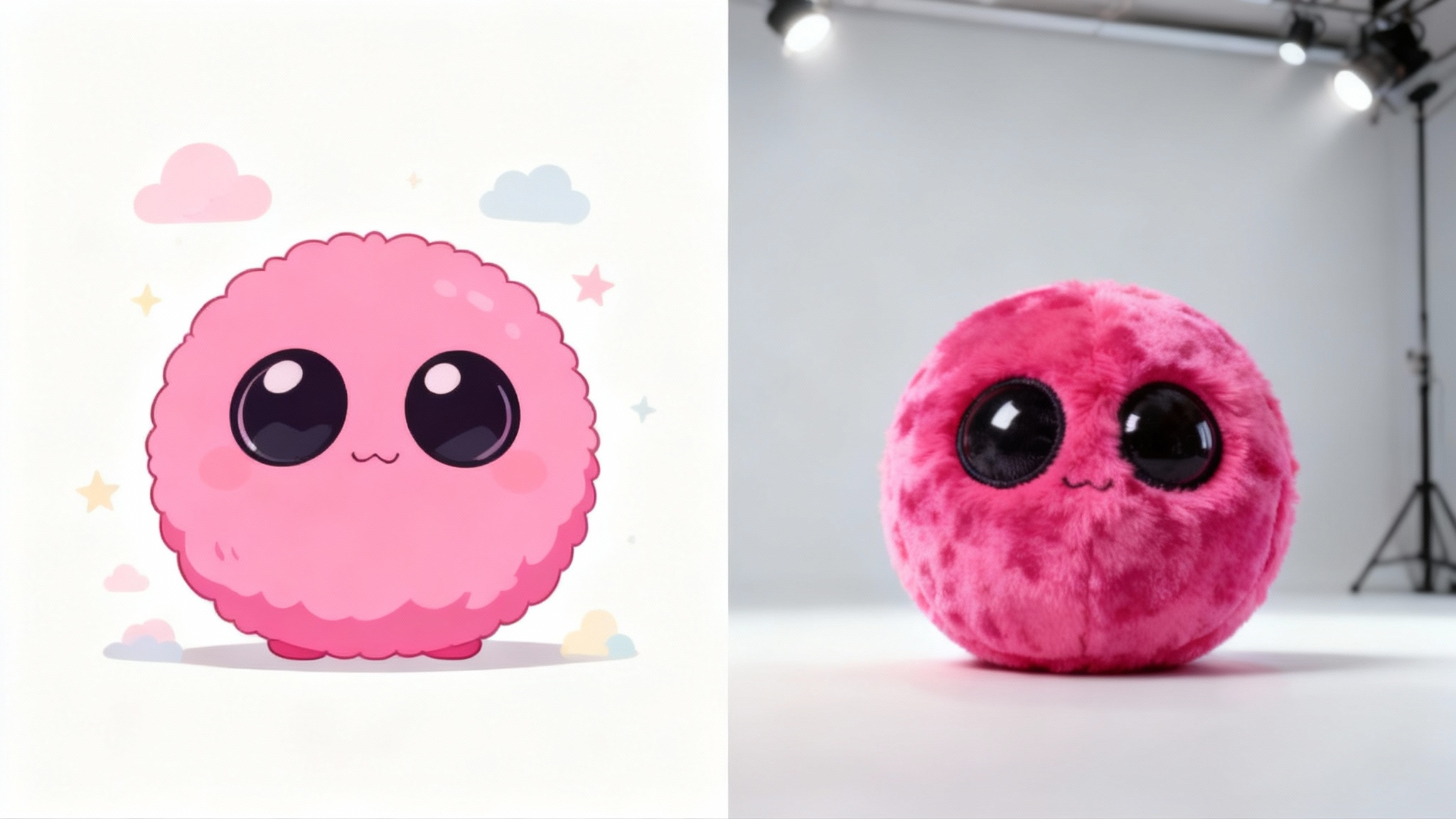 A side-by-side comparison showing the creation of a custom plush toy. On the left is a digital drawing of a cute, fluffy pink monster. On the right is a real, high-quality plush toy that perfectly matches the drawing.