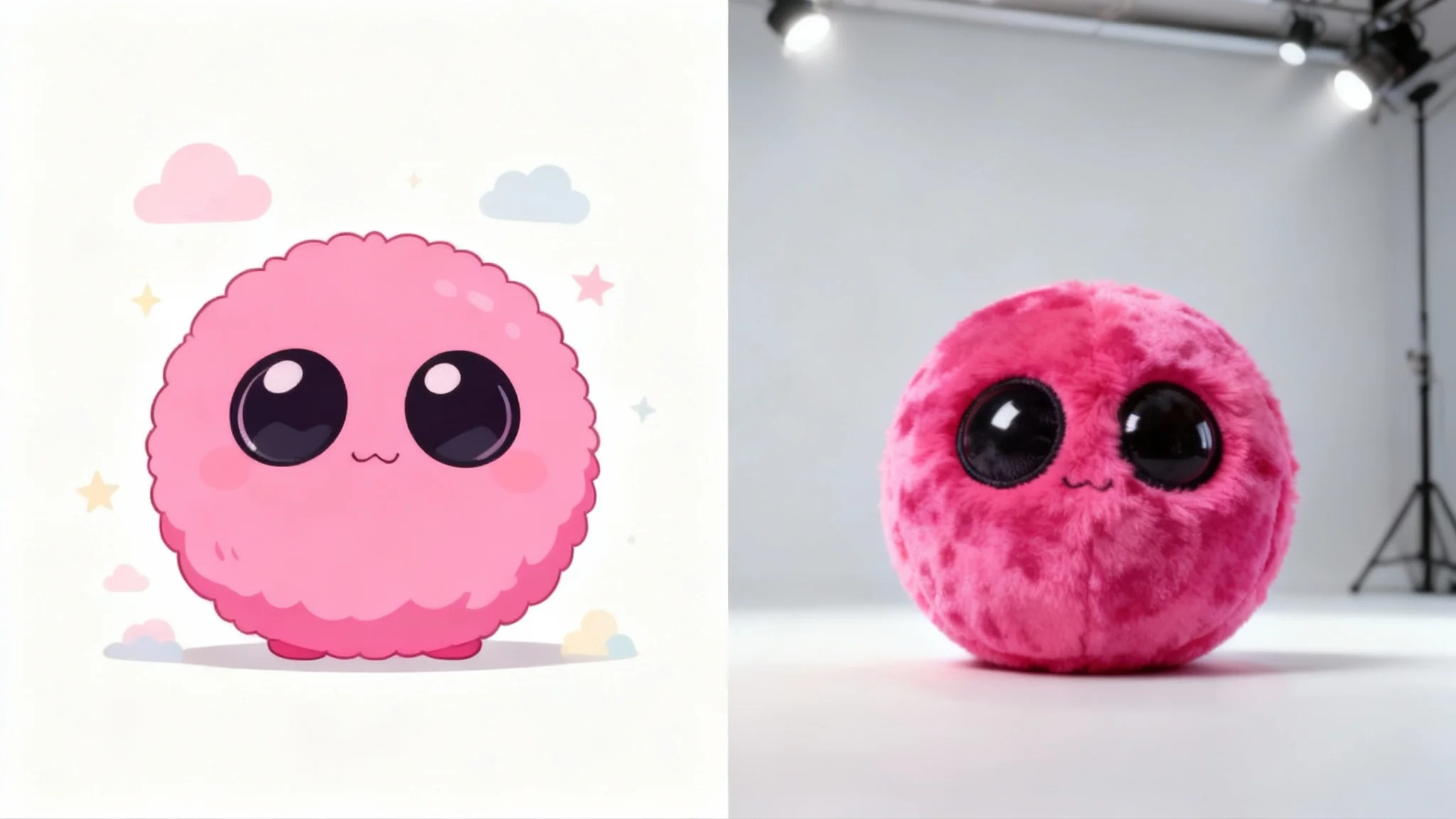 A side-by-side comparison showing the creation of a custom plush toy. On the left is a digital drawing of a cute, fluffy pink monster. On the right is a real, high-quality plush toy that perfectly matches the drawing.