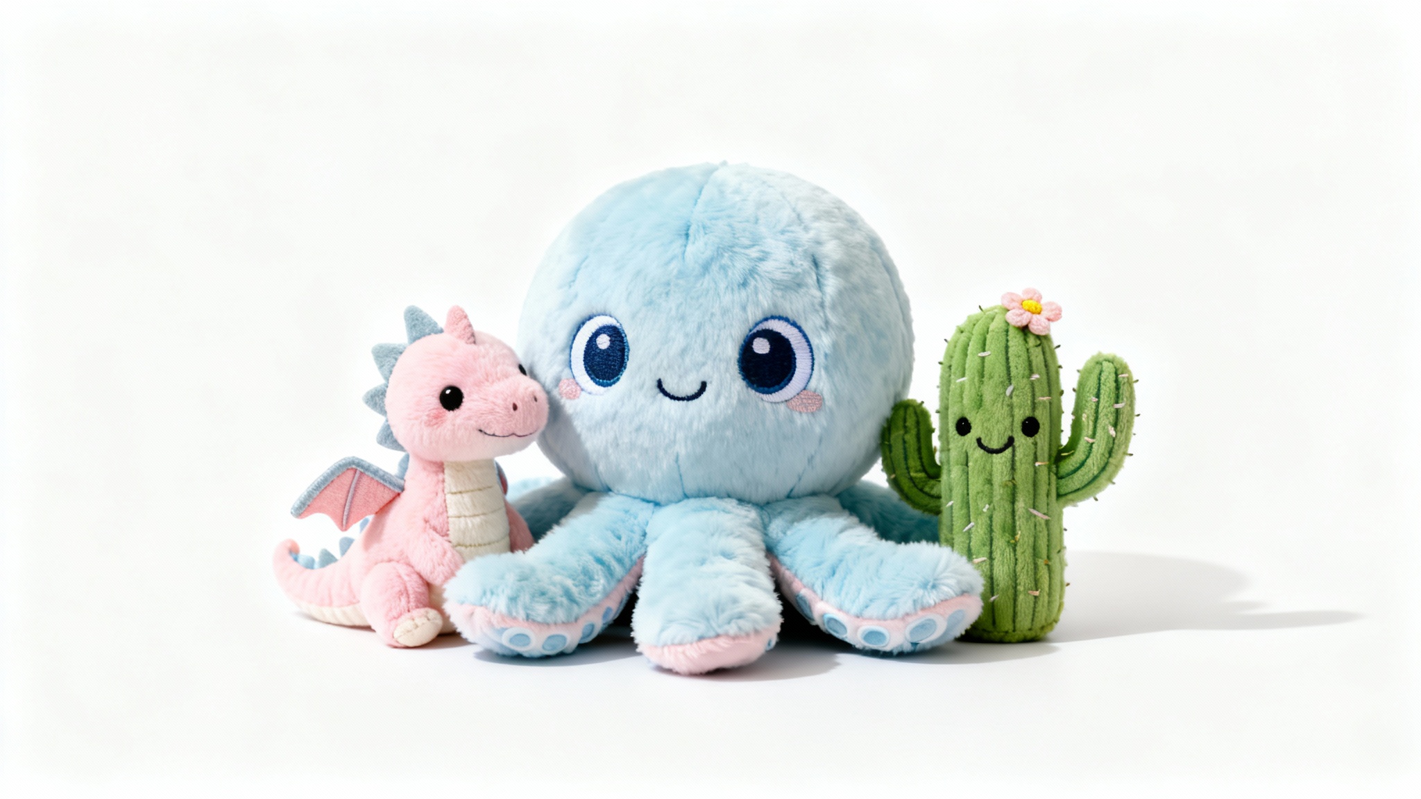 A collection of colorful and unique custom-designed plush toys, including a blue octopus, a pink dragon, and a smiling cactus, displayed against a clean white background.