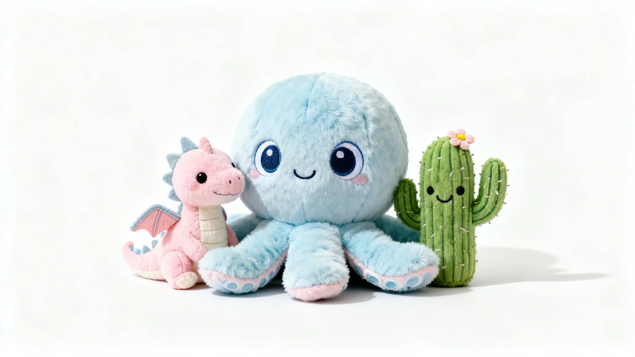 A collection of colorful and unique custom-designed plush toys, including a blue octopus, a pink dragon, and a smiling cactus, displayed against a clean white background.