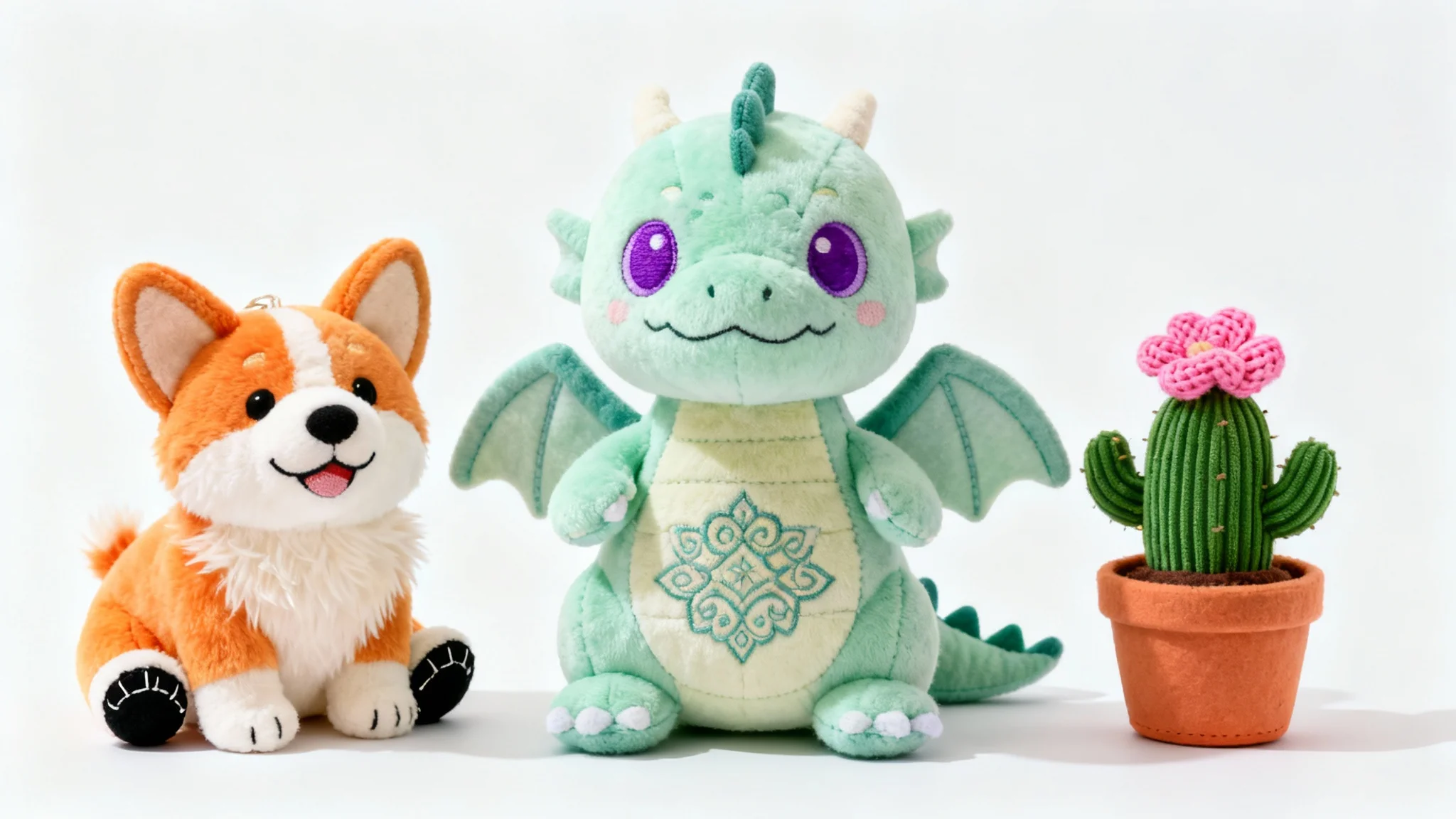 A collection of three unique, custom-made plush toys on a white background: a mint green dragon, a fluffy corgi, and a green cactus with a pink flower.