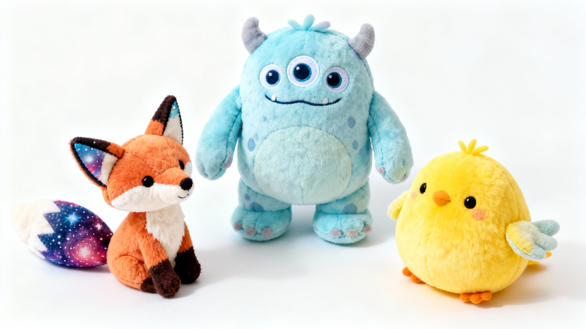 A collection of three unique, colorful plush toys—a blue monster, a galaxy-themed fox, and a yellow bird—displayed in a studio setting on a clean white background.