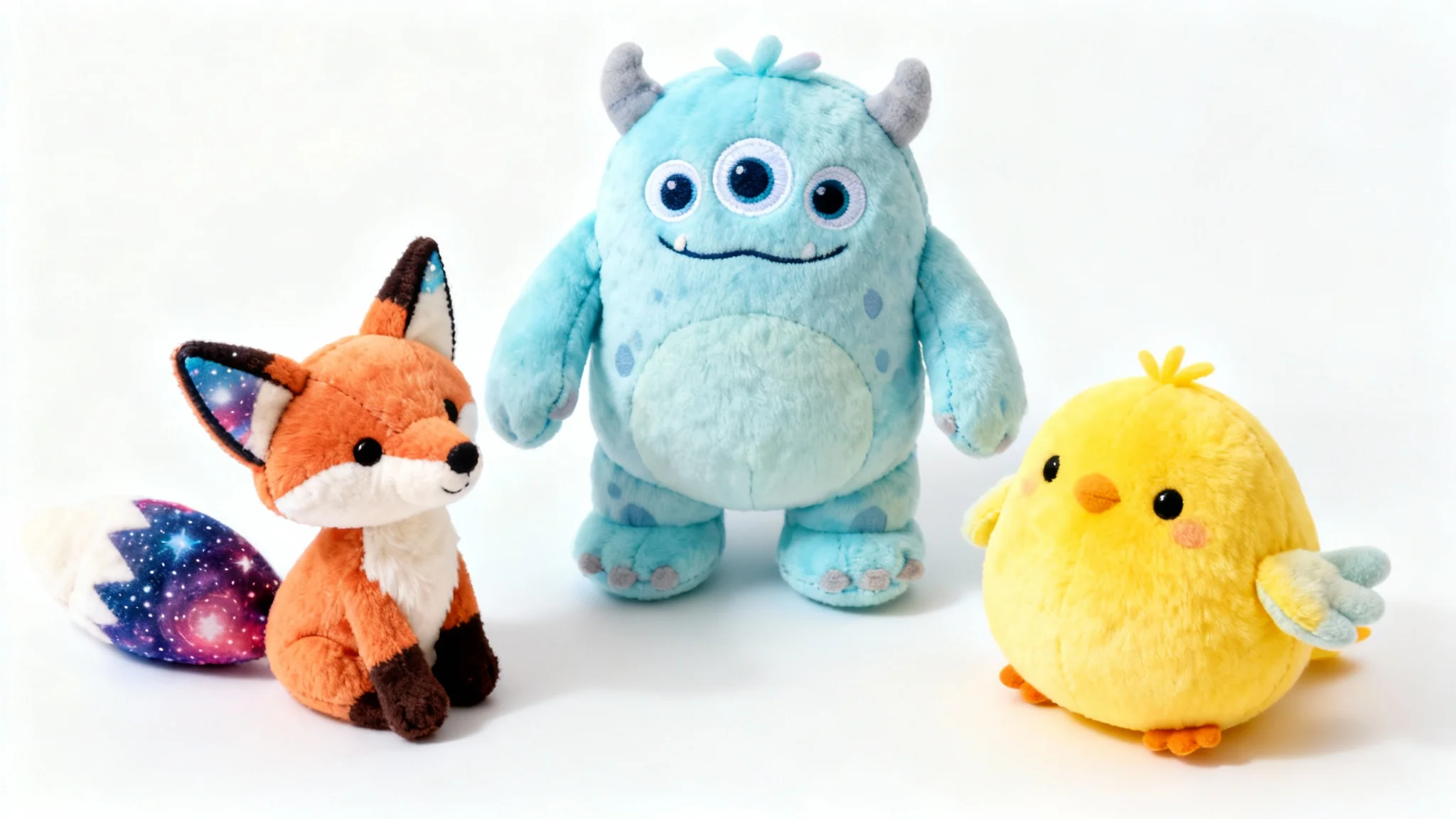 A collection of three unique, colorful plush toys—a blue monster, a galaxy-themed fox, and a yellow bird—displayed in a studio setting on a clean white background.