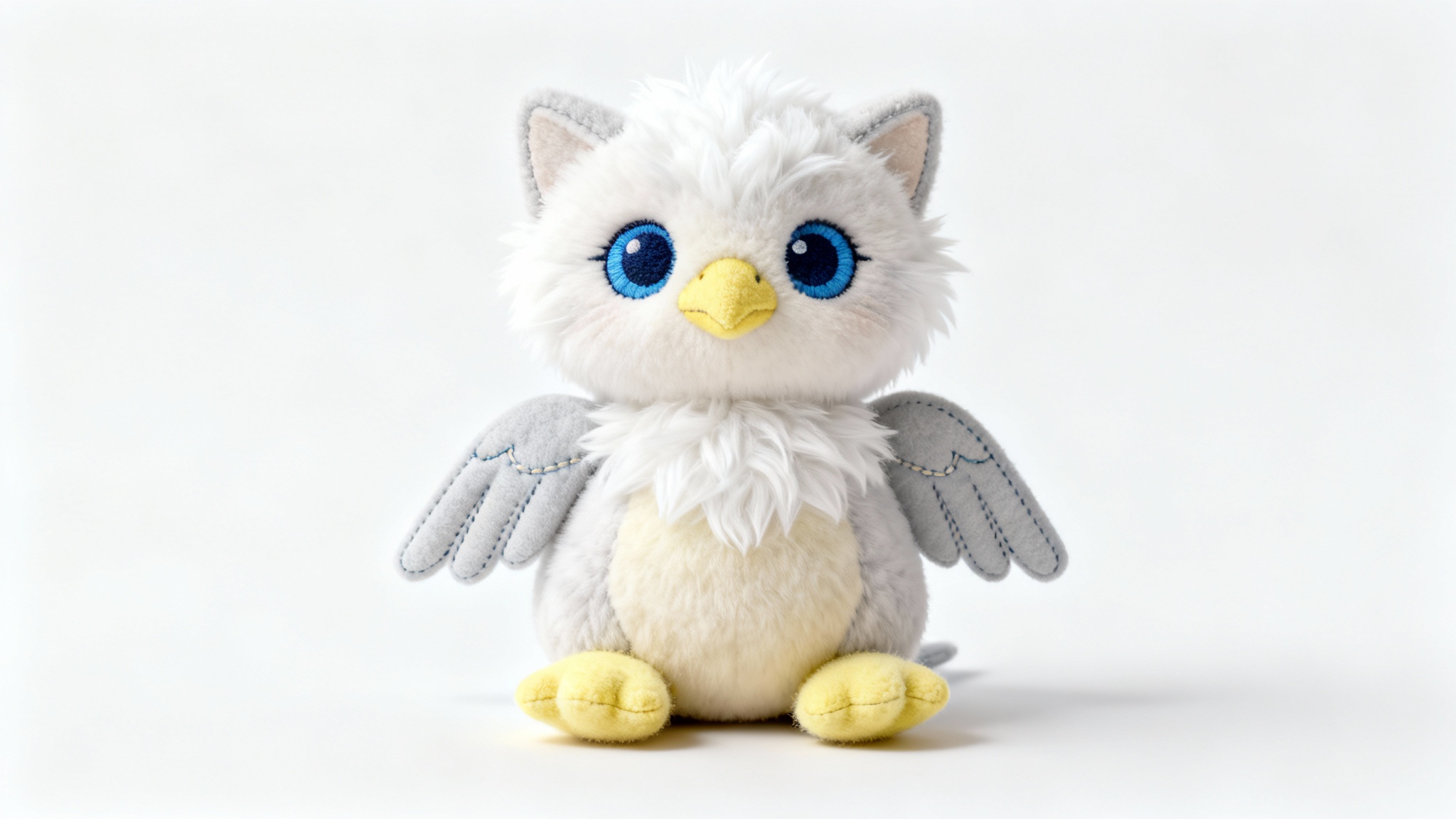 A high-quality mockup of a custom-designed plush toy, depicting a cute baby griffin with a kitten's head and a bird's body, set against a solid white background.