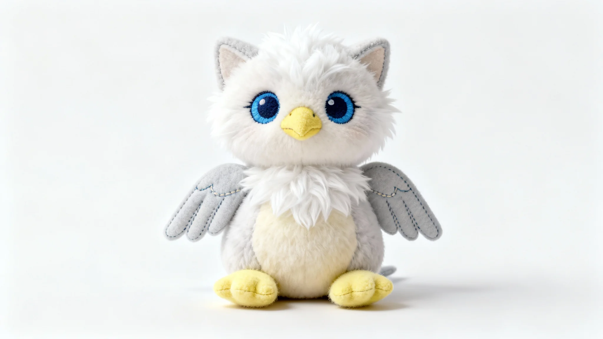 A high-quality mockup of a custom-designed plush toy, depicting a cute baby griffin with a kitten's head and a bird's body, set against a solid white background.