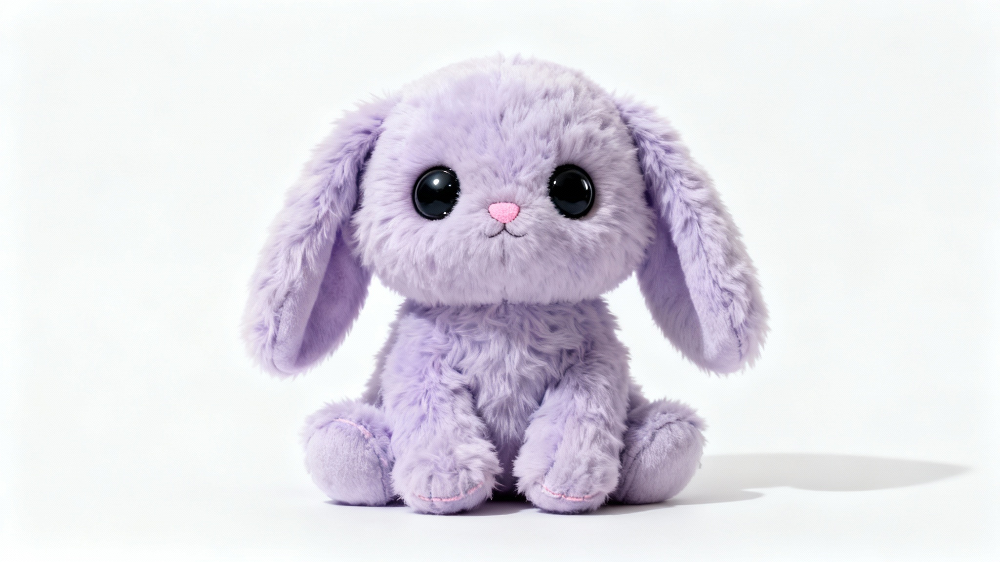 A cute, lavender-colored, fluffy creature plush toy with large button eyes and floppy ears, sitting centered on a clean white background in a studio product shot.
