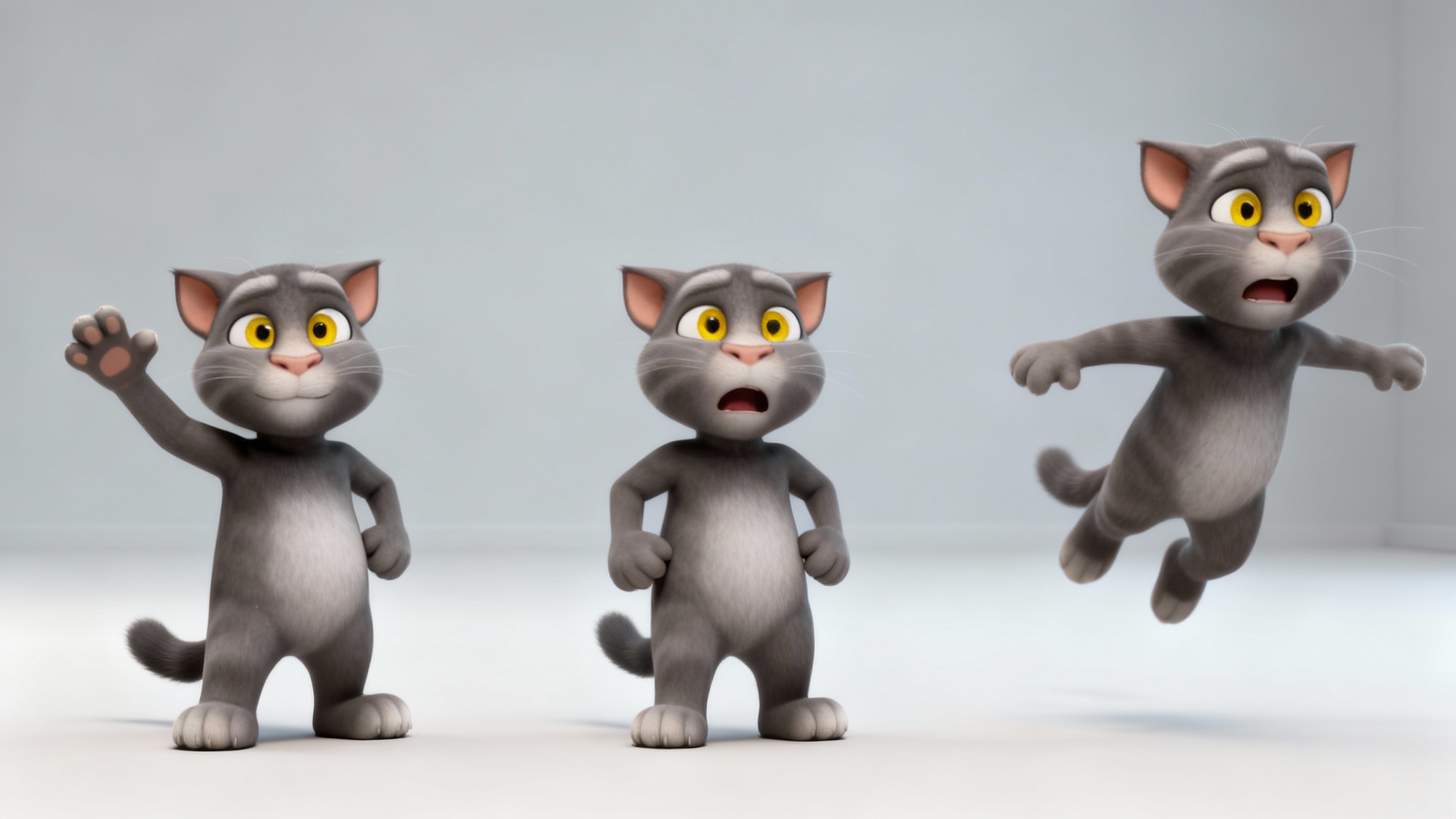 A character sheet showing a 3D cartoon grey cat in three different expressive poses: waving happily, looking shocked, and leaping in the air, all against a clean studio background.