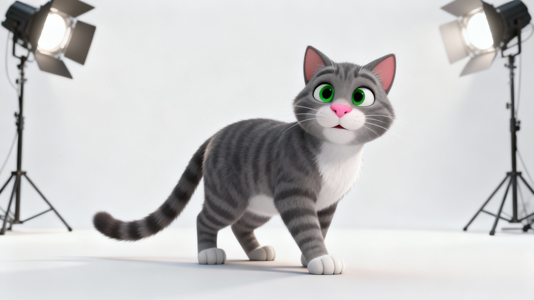 A high-quality 3D render of a grey tabby cat character rig, similar to Talking Tom, standing in a neutral A-pose against a stark white background.