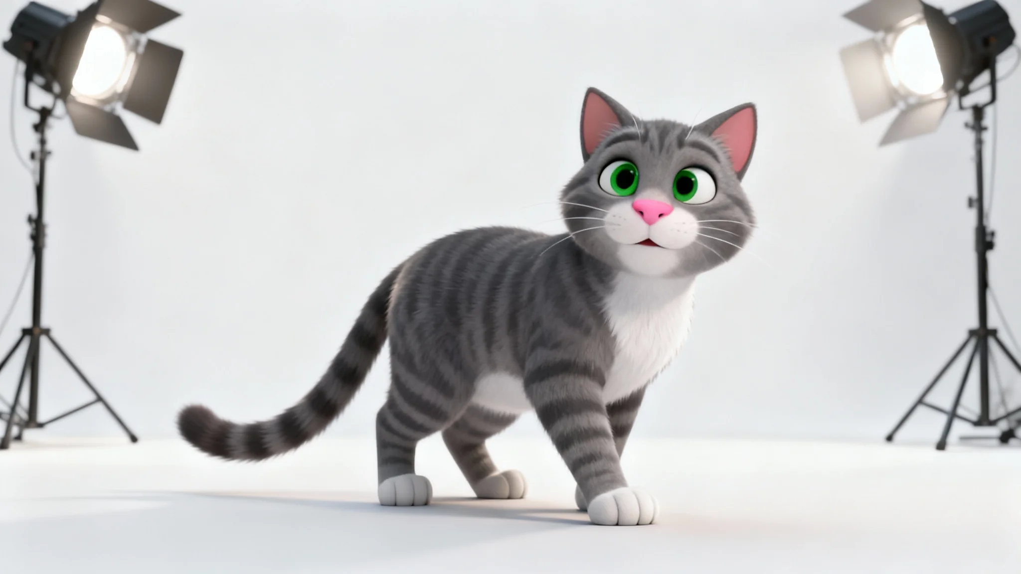 A high-quality 3D render of a grey tabby cat character rig, similar to Talking Tom, standing in a neutral A-pose against a stark white background.