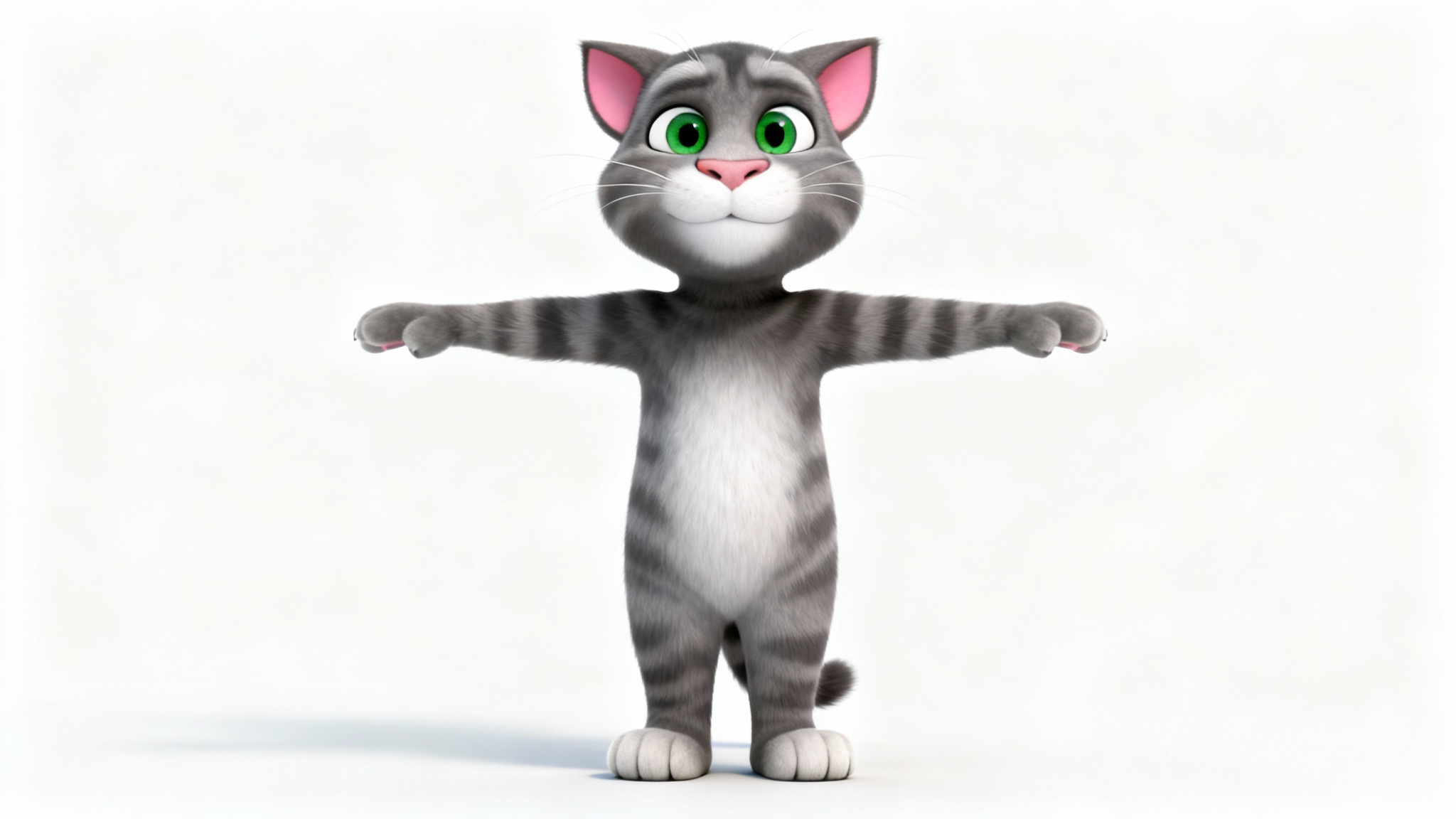 A 3D model of the character Talking Tom, a grey cat with green eyes, standing in a T-pose against a white background, demonstrating its animation rig.