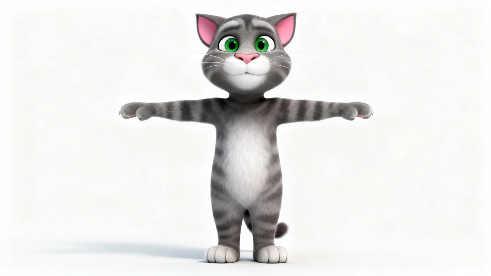 A 3D model of the character Talking Tom, a grey cat with green eyes, standing in a T-pose against a white background, demonstrating its animation rig.