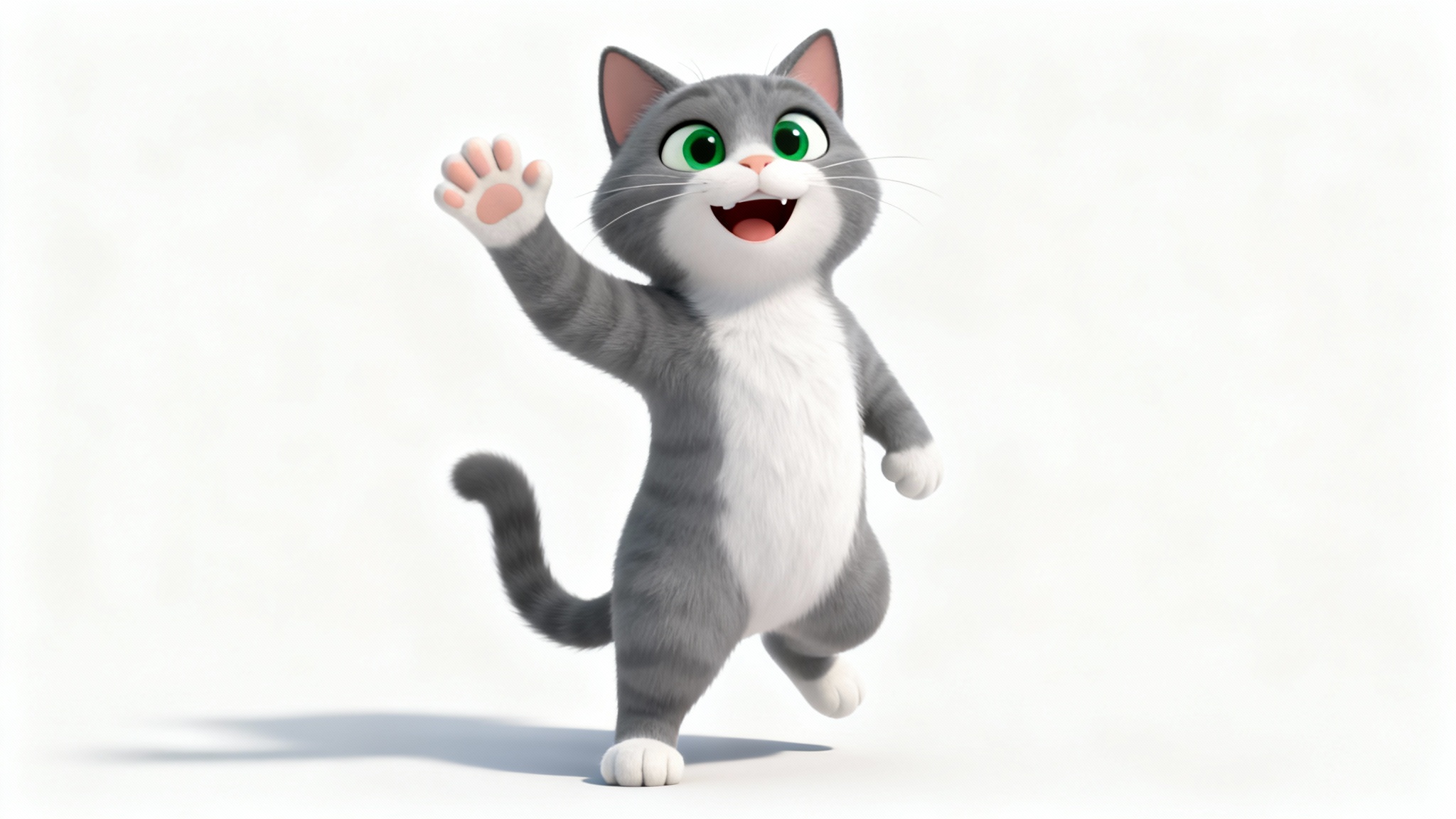 A 3D model of a friendly, stylized grey cartoon cat with green eyes, smiling and waving cheerfully against a plain white background.