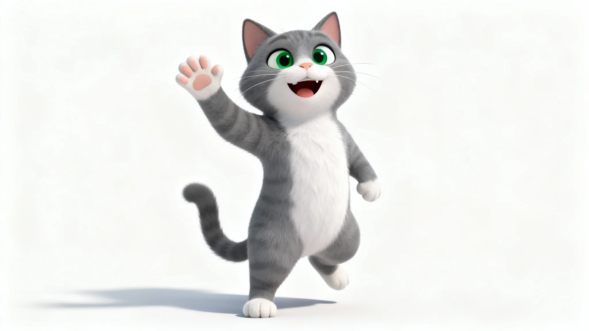 A 3D model of a friendly, stylized grey cartoon cat with green eyes, smiling and waving cheerfully against a plain white background.