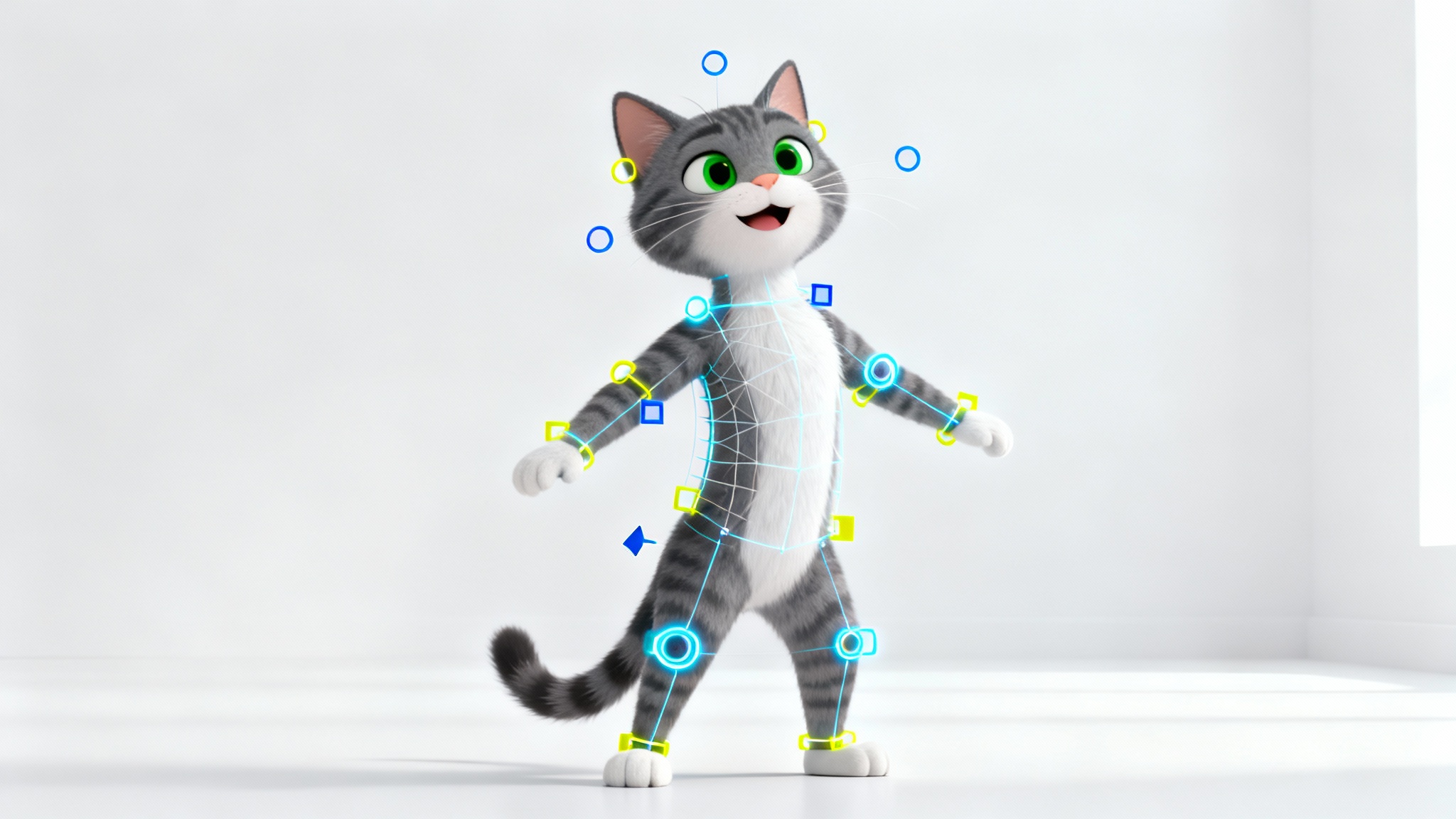 A 3D rigged model of a cartoon gray cat standing in an A-pose, with visible animation controls and wireframe, on a white background.