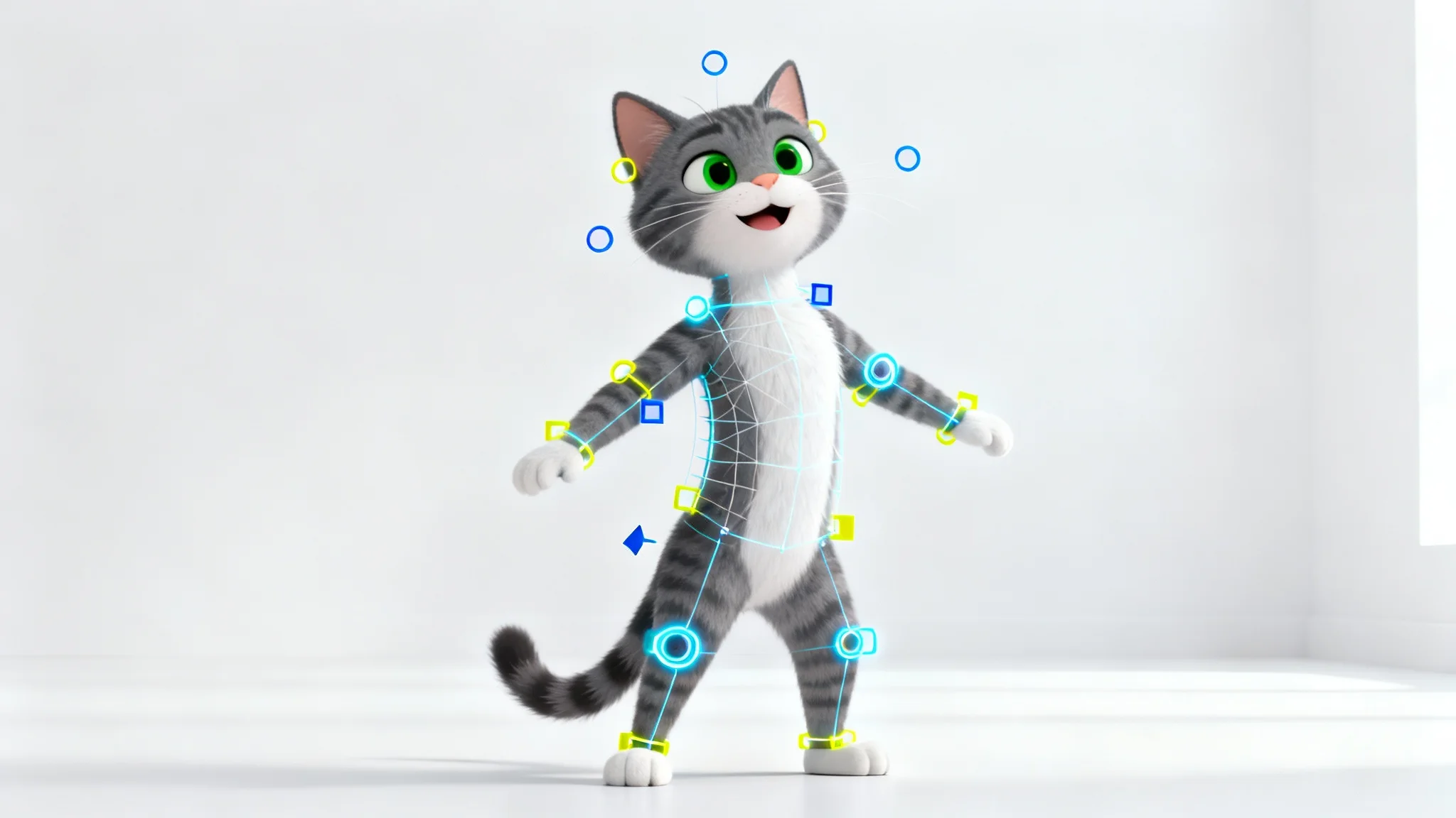 A 3D rigged model of a cartoon gray cat standing in an A-pose, with visible animation controls and wireframe, on a white background.
