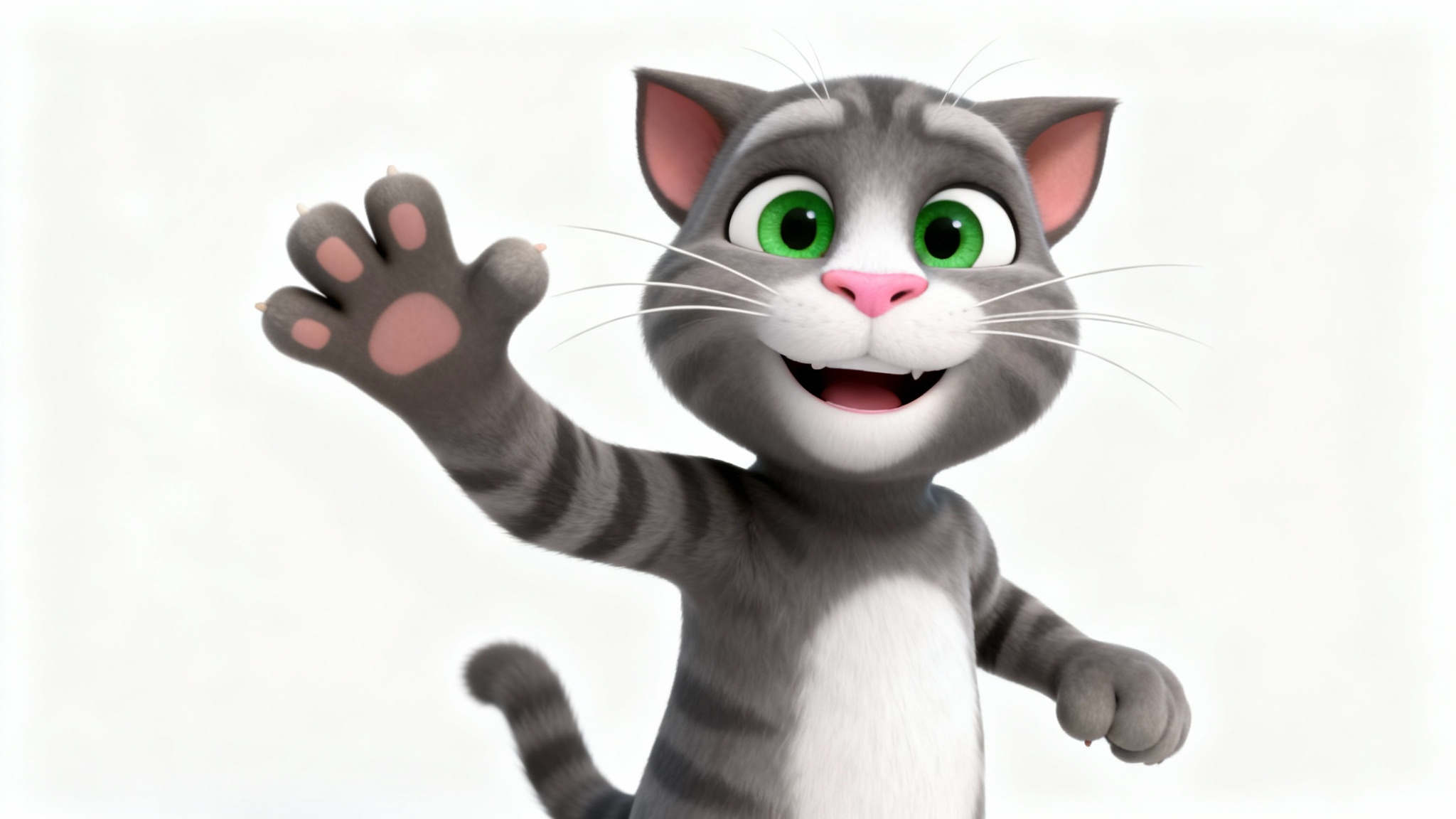 A 3D character model of a friendly cartoon gray tabby cat waving, presented as a character rig mockup against a solid white background.