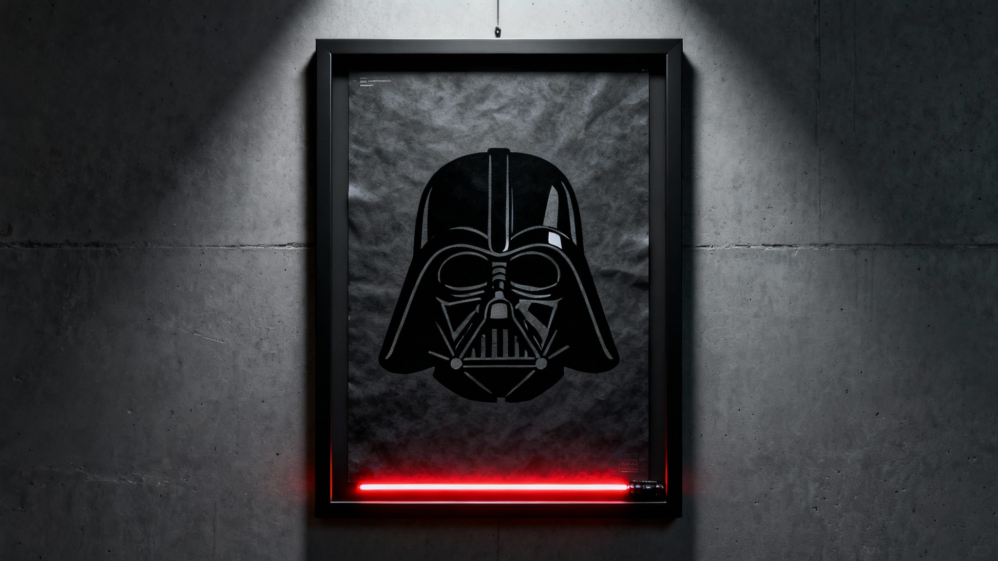 A close-up of a framed poster showing a minimalist line art of Darth Vader's helmet, hanging on a dark concrete wall with a dramatic red glow effect.