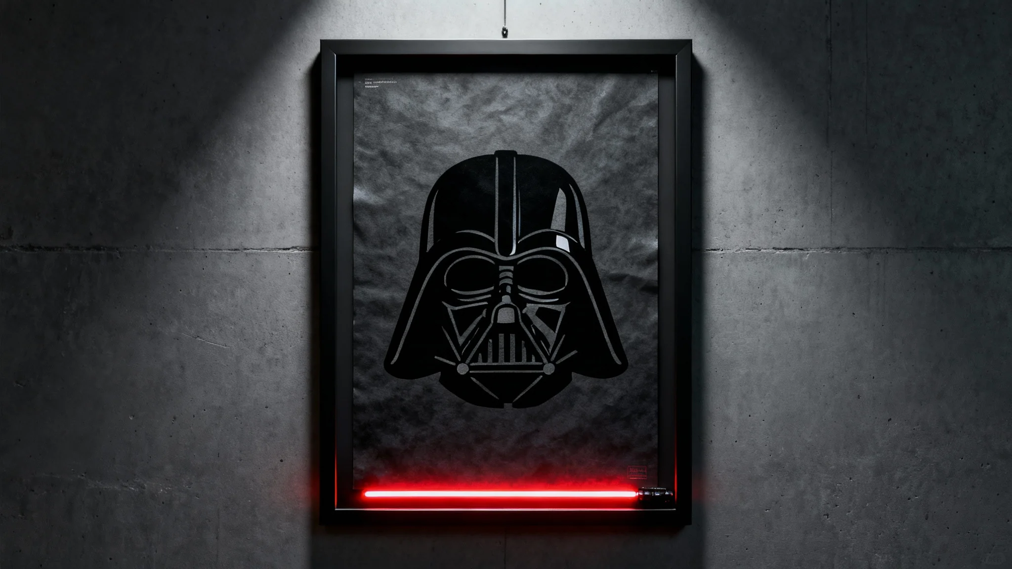 A close-up of a framed poster showing a minimalist line art of Darth Vader's helmet, hanging on a dark concrete wall with a dramatic red glow effect.