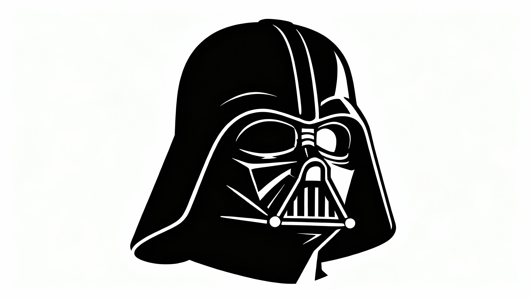 A minimalist black and white line art vector illustration of Darth Vader's helmet, set against a clean white background.