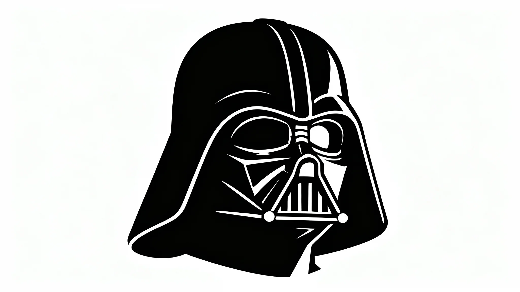 A minimalist black and white line art vector illustration of Darth Vader's helmet, set against a clean white background.