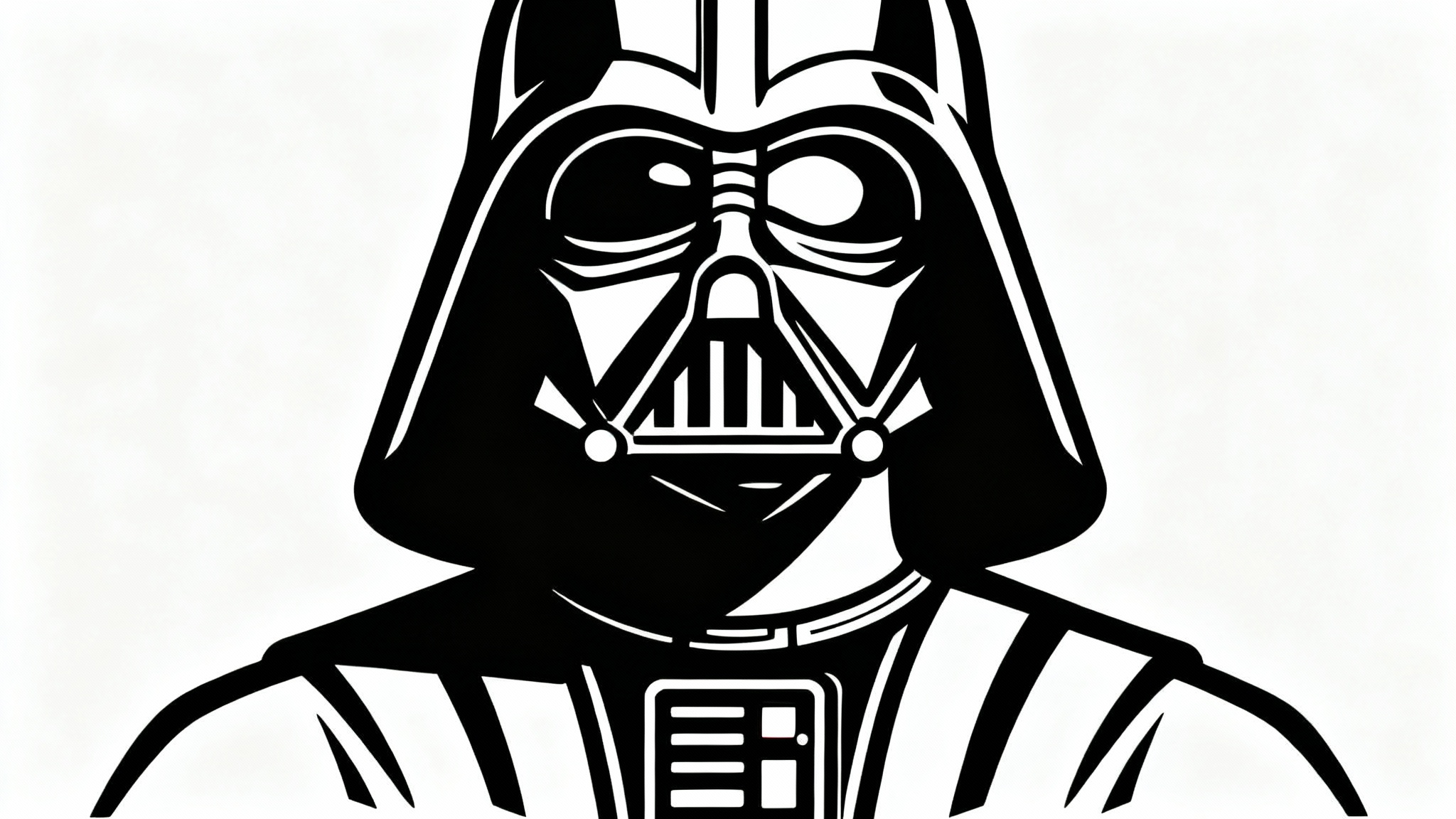 A black and white minimalist line art drawing of Darth Vader's helmet and shoulders against a plain white background.