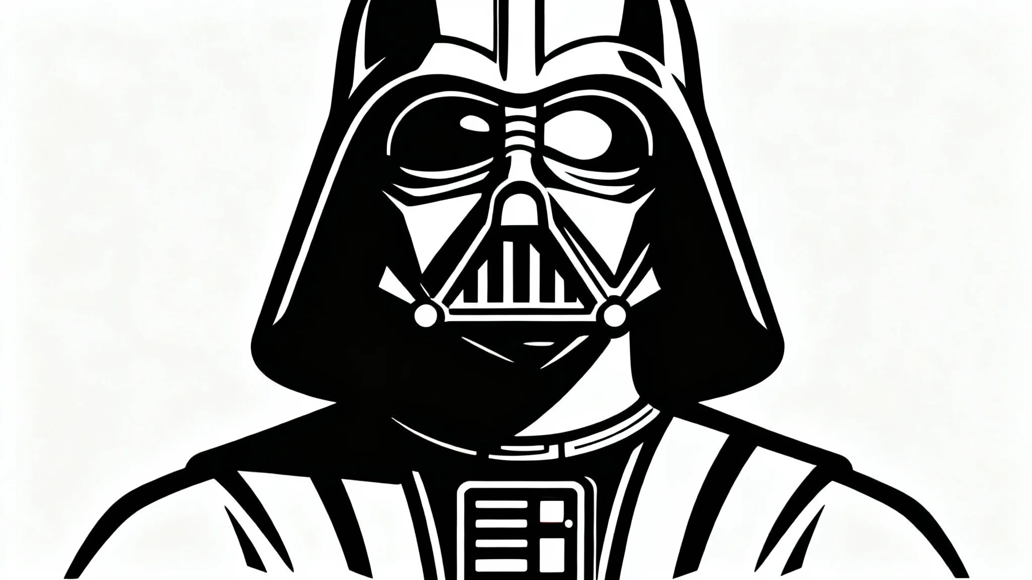 A black and white minimalist line art drawing of Darth Vader's helmet and shoulders against a plain white background.