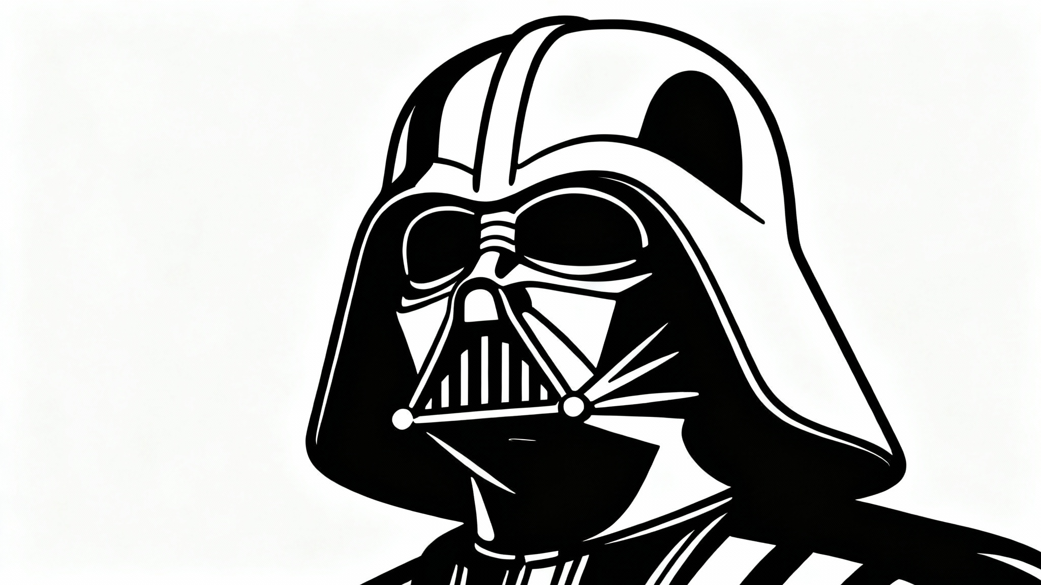 A minimalist black and white line art illustration of Darth Vader's helmet, created with a single continuous line on a clean white background.