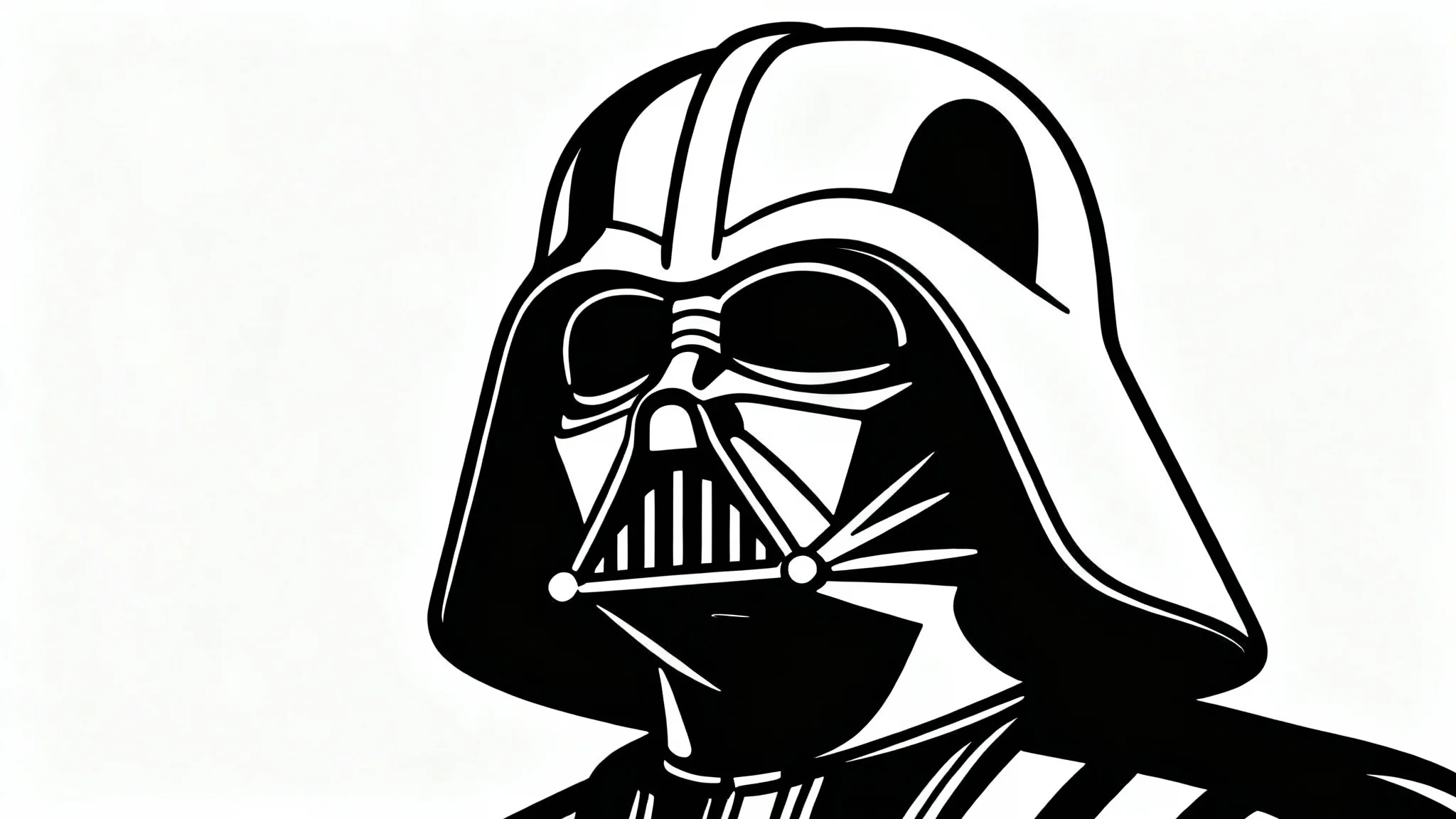 A minimalist black and white line art illustration of Darth Vader's helmet, created with a single continuous line on a clean white background.
