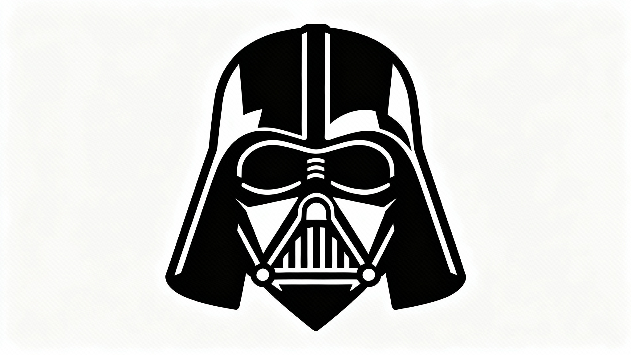 A minimalist black and white line art drawing of Darth Vader's helmet, shown from the front against a clean white background.