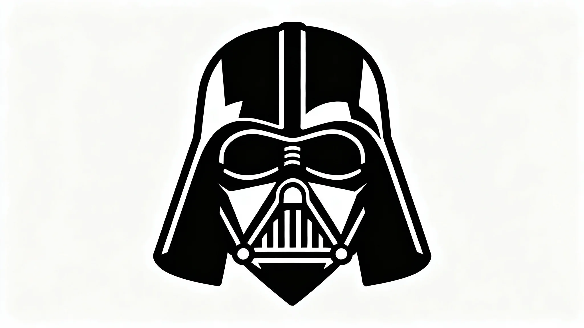 A minimalist black and white line art drawing of Darth Vader's helmet, shown from the front against a clean white background.