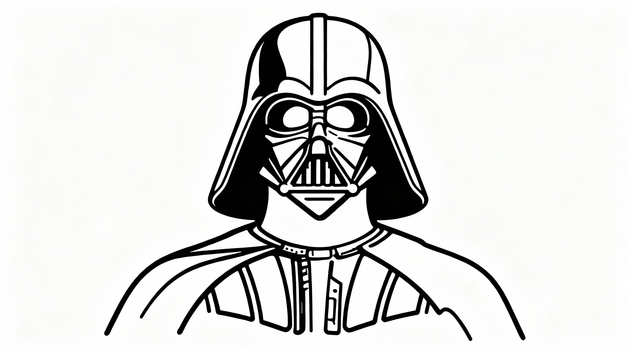 A minimalist black and white line art drawing of Darth Vader's helmet, created with a single continuous line, on a clean white background.