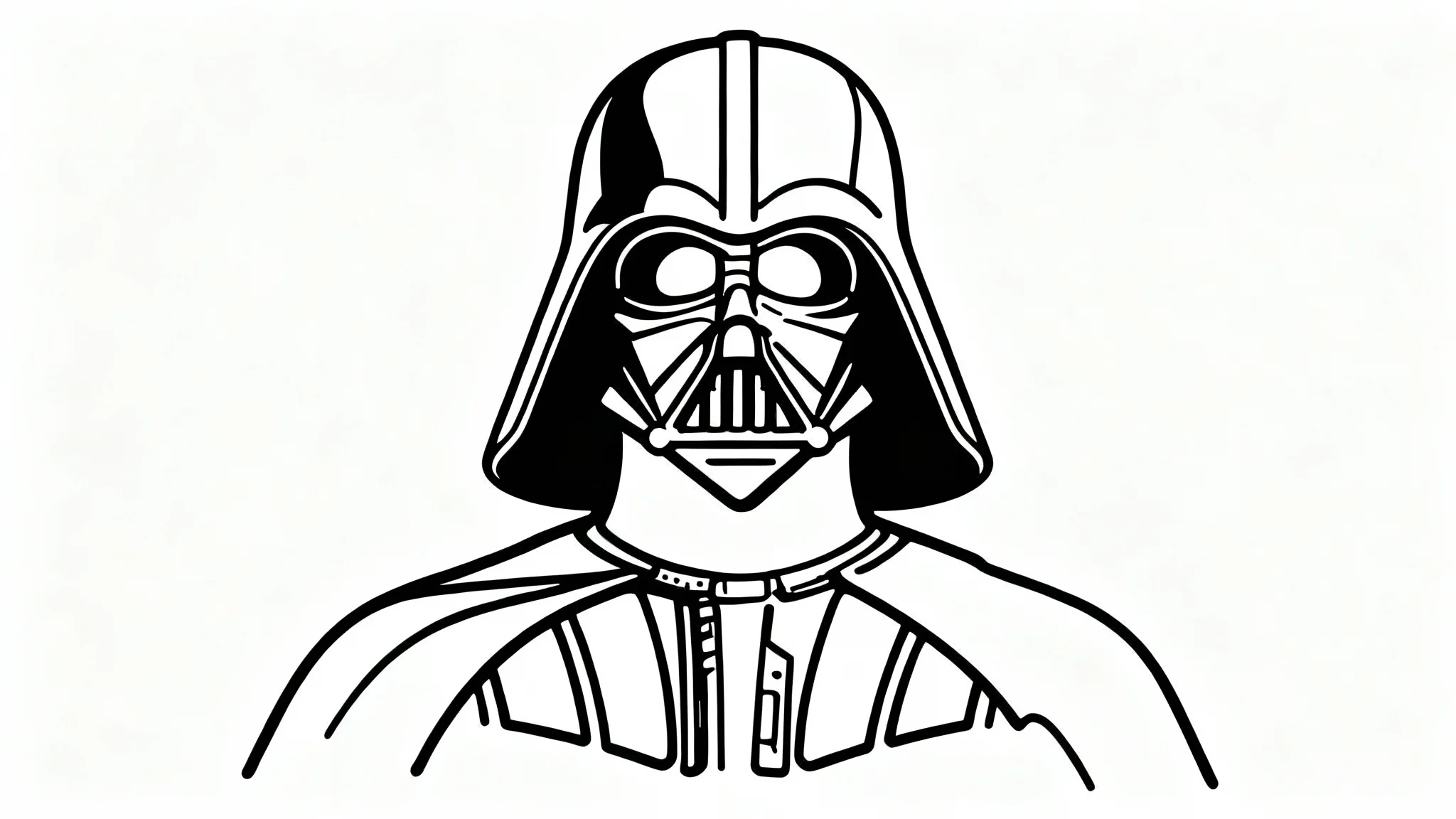 A minimalist black and white line art drawing of Darth Vader's helmet, created with a single continuous line, on a clean white background.