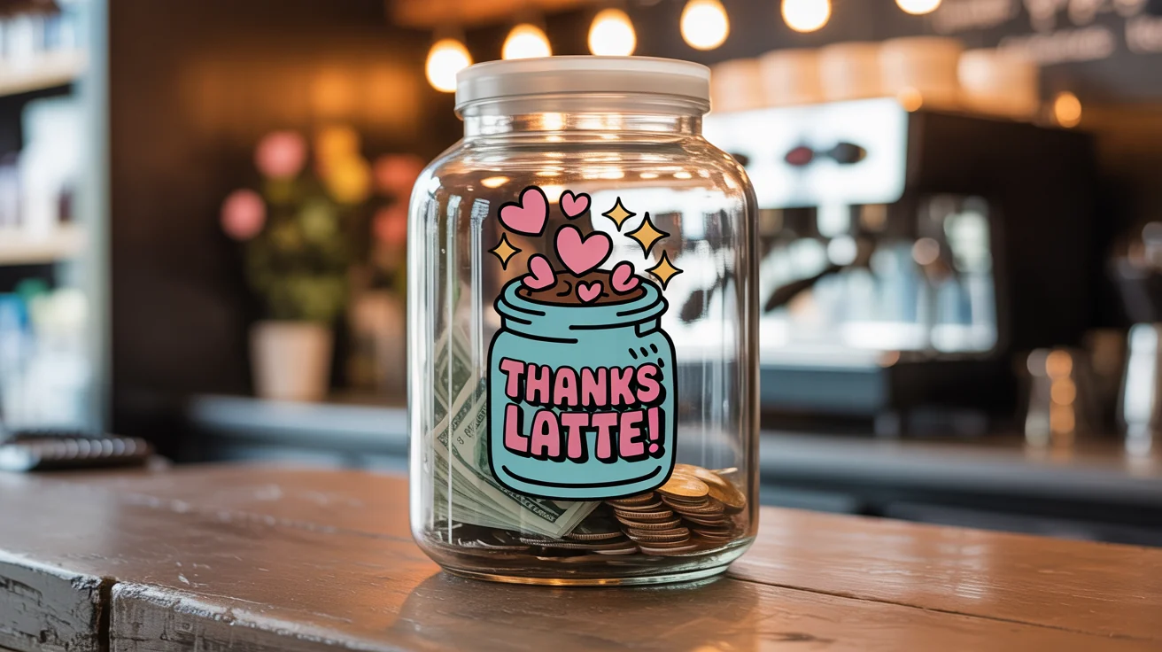 A photograph of a glass tip jar on a coffee shop counter, with a colorful, professionally designed sticker that says 'Thanks a Latte!'. A customer's hand is shown dropping a dollar bill into the jar.
