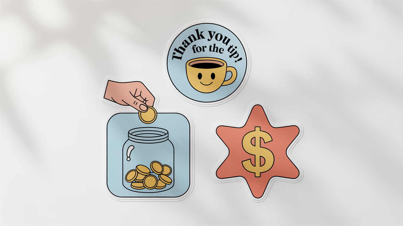 A product mockup showing three different tip jar stickers on a white background. One circular sticker says 'THANK YOU FOR THE TIP!' above a smiling cup, another square one shows a coin being dropped in a jar, and the third is a star with a dollar sign.
