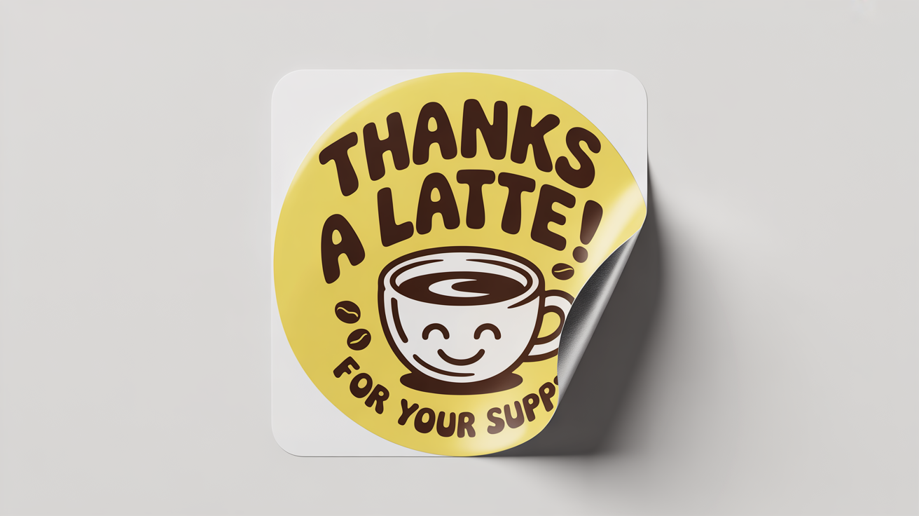 A circular, yellow tip jar sticker with a smiling coffee cup illustration and the text 'Thanks a latte! for your support' displayed against a plain white background.