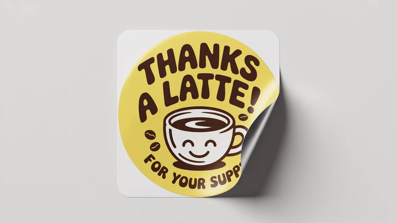 A circular, yellow tip jar sticker with a smiling coffee cup illustration and the text 'Thanks a latte! for your support' displayed against a plain white background.