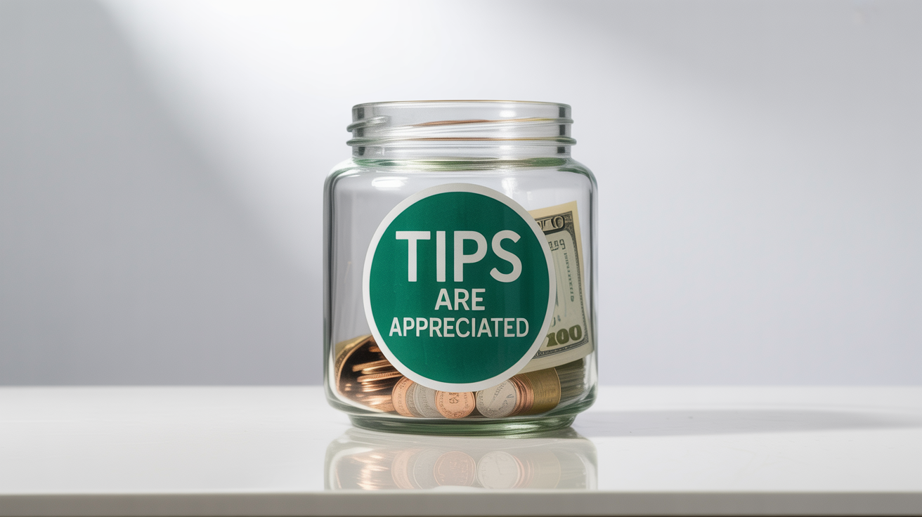 A photorealistic mockup of a glass tip jar on a white background, featuring a prominent circular sticker that says 'TIPS ARE APPRECIATED' and containing some money.