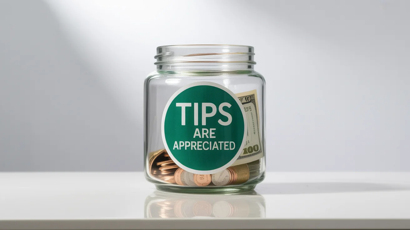 A photorealistic mockup of a glass tip jar on a white background, featuring a prominent circular sticker that says 'TIPS ARE APPRECIATED' and containing some money.