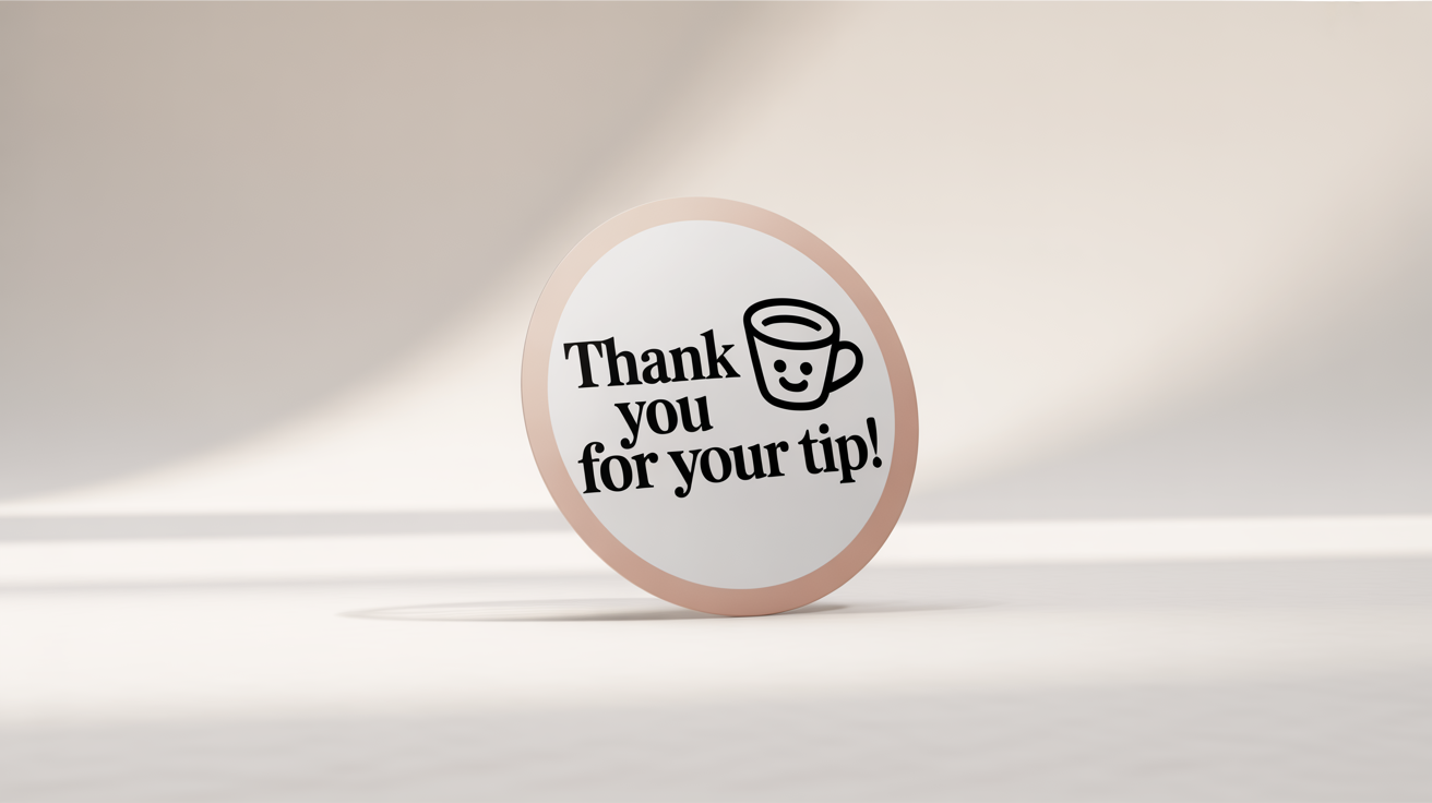 A high-quality mockup of a circular tip jar sticker with the text 'Thank You For Your Tip!' and a smiling coffee cup icon, set against a plain white background.