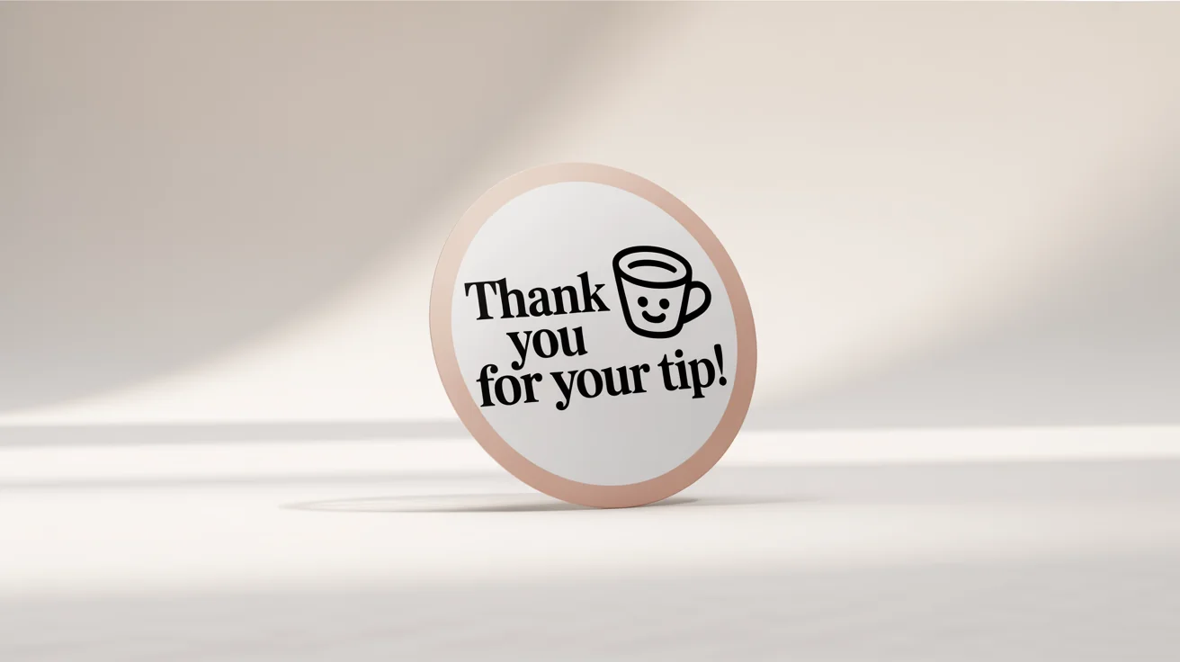 A high-quality mockup of a circular tip jar sticker with the text 'Thank You For Your Tip!' and a smiling coffee cup icon, set against a plain white background.