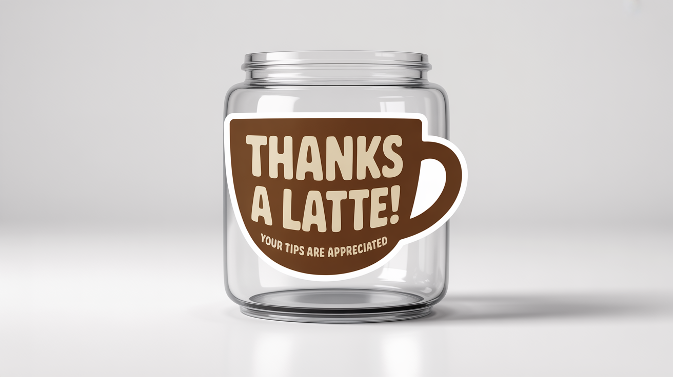 A product mockup showing a coffee-cup-shaped sticker on a clear glass tip jar. The sticker says 'THANKS A LATTE! Your tips are appreciated'. The image has a clean white background.
