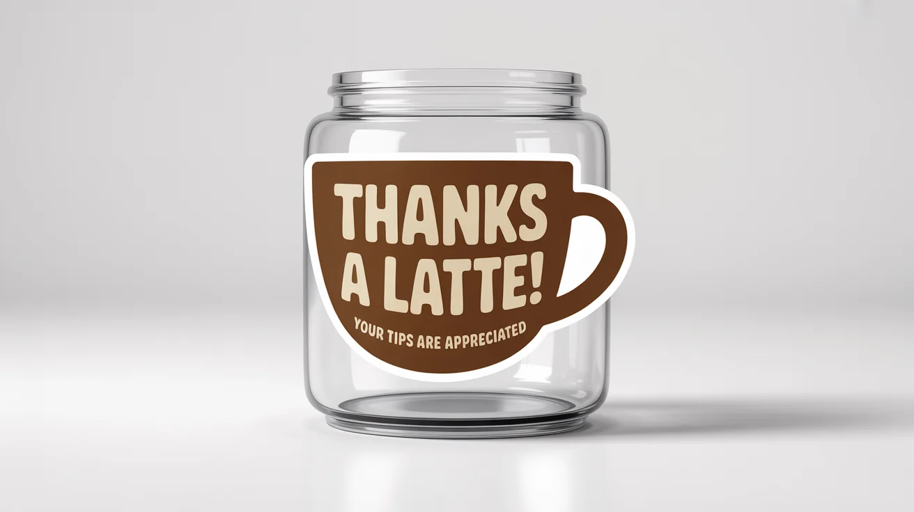 A product mockup showing a coffee-cup-shaped sticker on a clear glass tip jar. The sticker says 'THANKS A LATTE! Your tips are appreciated'. The image has a clean white background.
