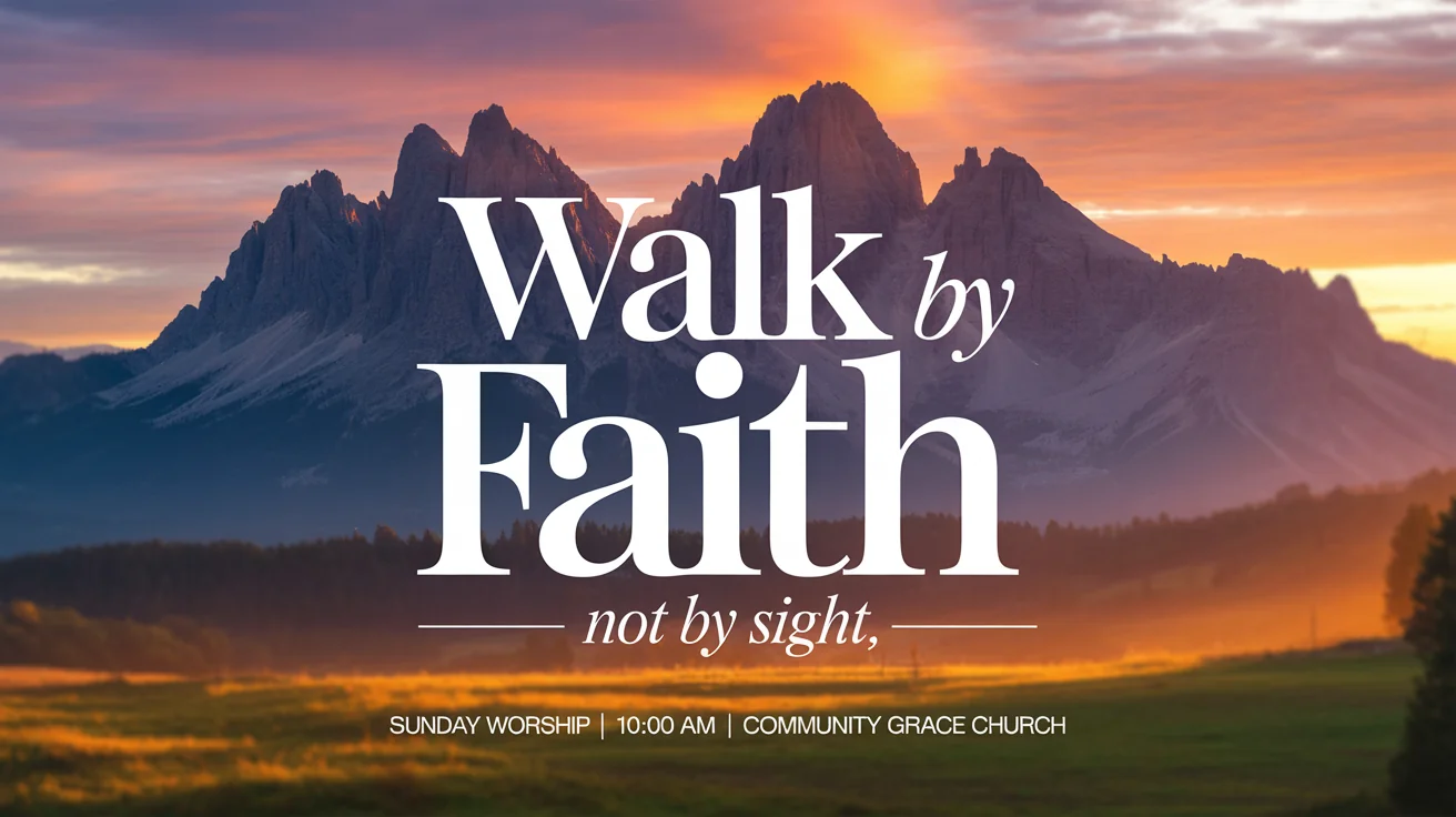 A finished Christian poster with a beautiful sunrise over mountains. The text on the poster says 'Walk by Faith, Not by Sight' and includes details for a Sunday worship service.