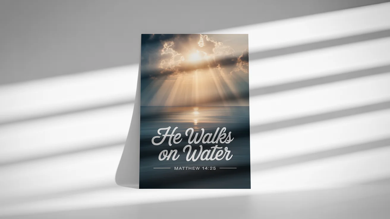 A mockup of a Christian poster featuring a sunrise over the sea with the text 'He walks on water' and 'Matthew 14:25', set against a clean white background.