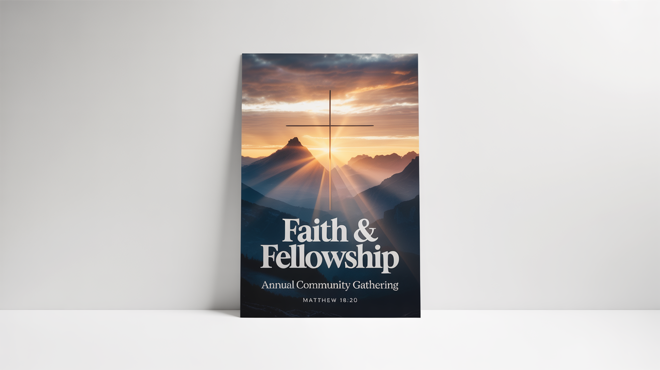 A modern Christian poster mockup on a white background. The poster shows a sunrise over mountains and includes the text 'Faith & Fellowship Annual Community Gathering' and 'Matthew 18:20'.