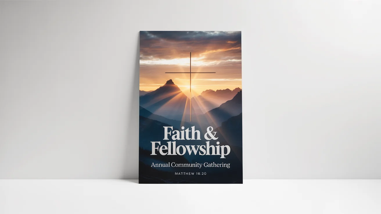 A modern Christian poster mockup on a white background. The poster shows a sunrise over mountains and includes the text 'Faith & Fellowship Annual Community Gathering' and 'Matthew 18:20'.