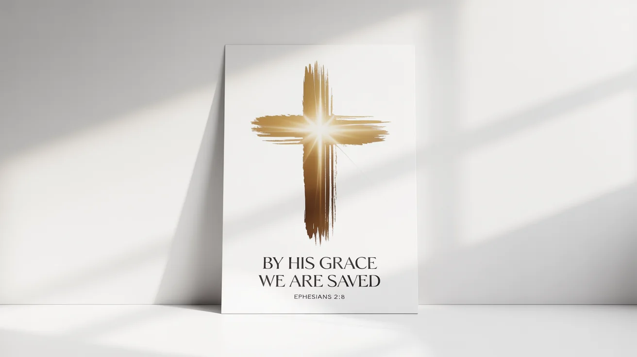 A mockup of a modern Christian poster on a white background, featuring a golden cross and the text 'By His grace we are saved, Ephesians 2:8'.